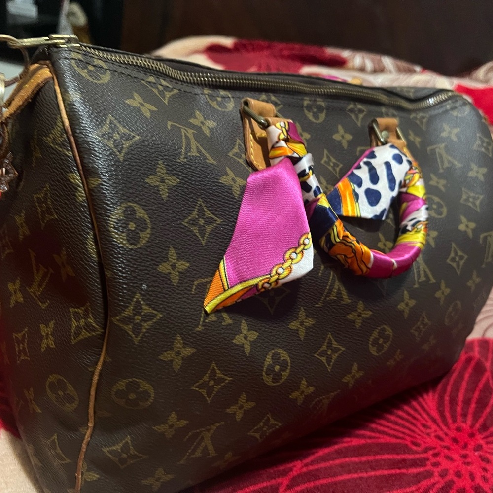 Louis Vuitton Brown Monogram Satchel with Pink and Orange Scarf